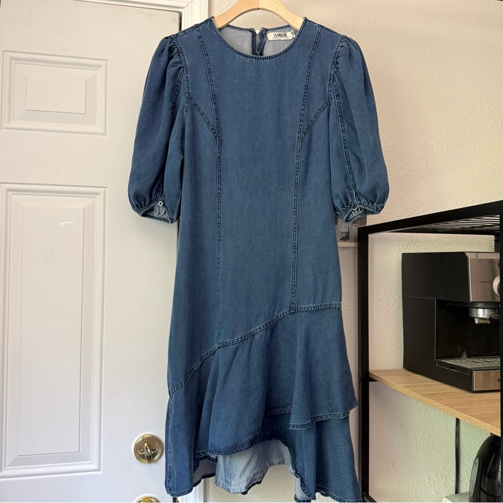 AMUR blue tencel denim short puff sleeve ruffle hem mini dress